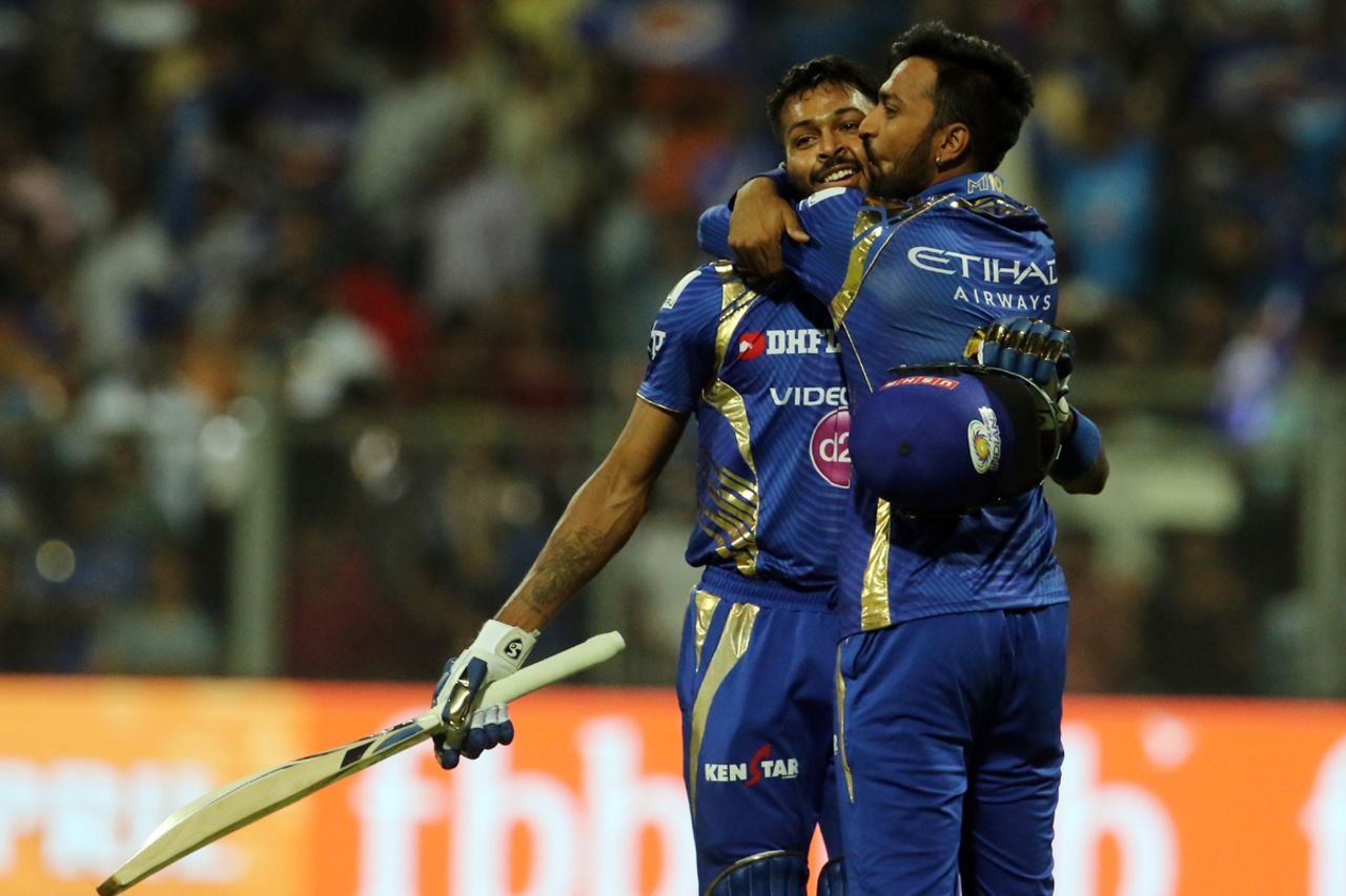 Hardik Pandya gets a kiss from brother Krunal after taking Mumbai Indians home, Mumbai Indians v Kolkata Knight Riders, Mumbai, IPL, April 9, 2017