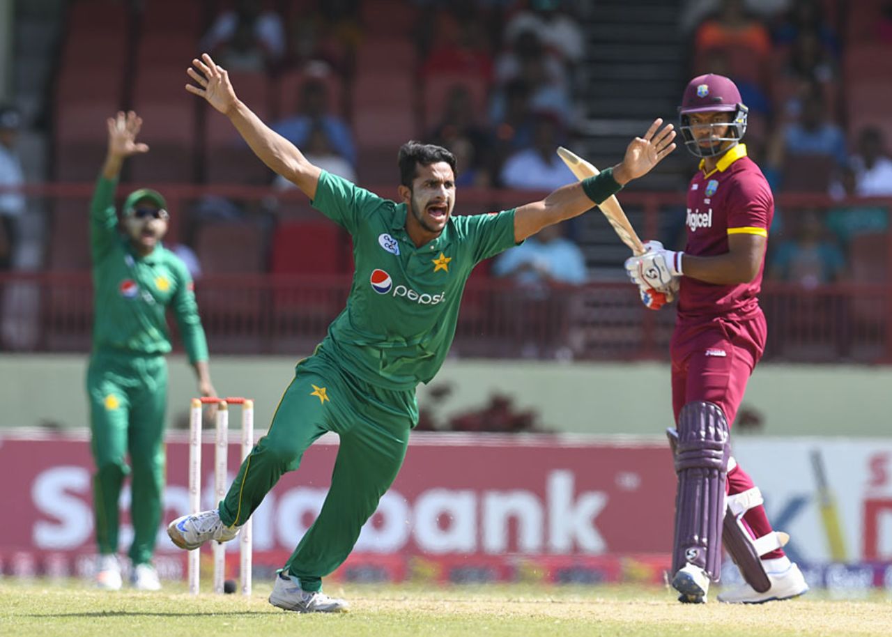 Hasan Ali was sure had had trapped Kieran Powell lbw and the DRS proved him right, West Indies v Pakistan, 2nd ODI, Providence, April 9, 2017