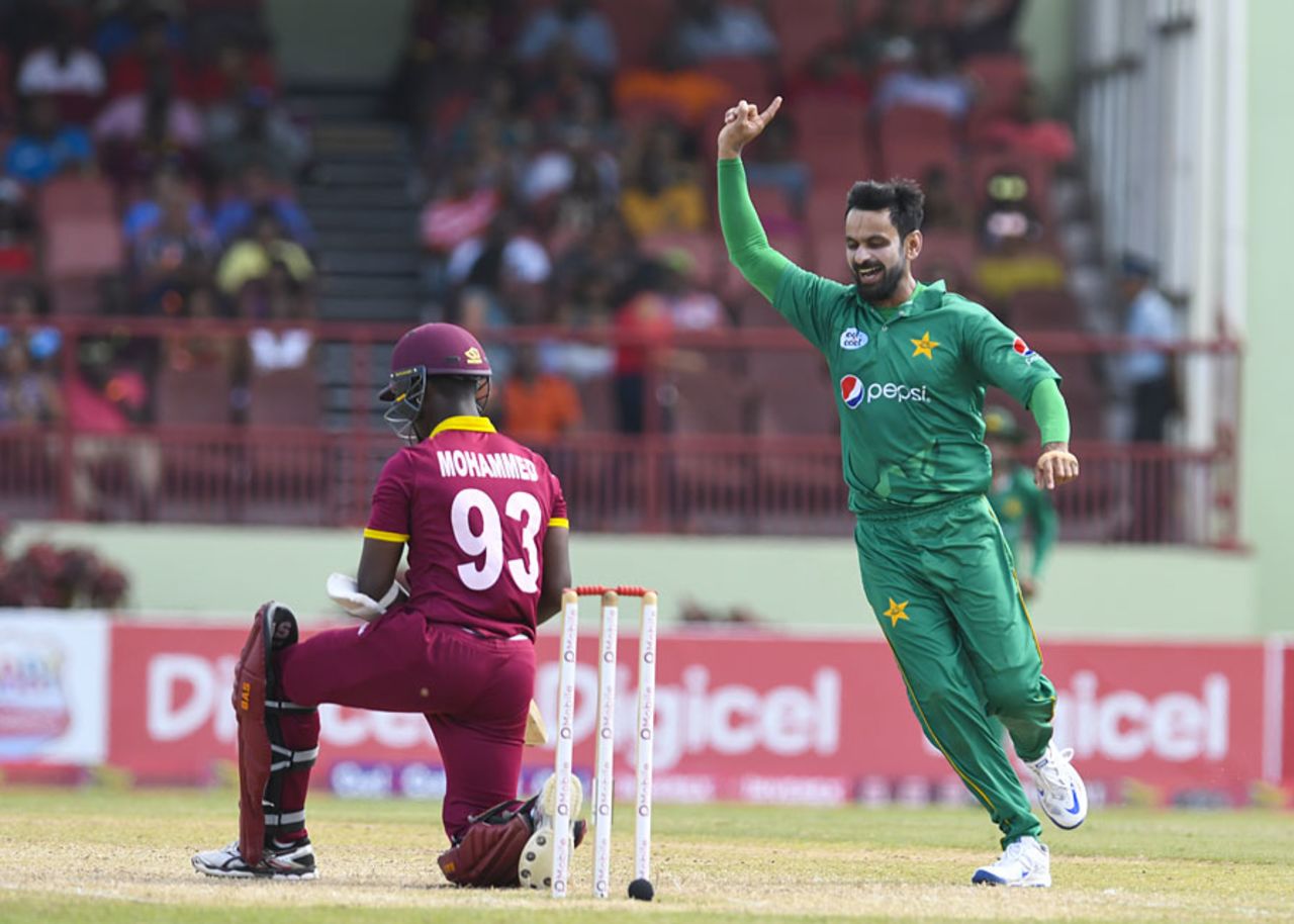 Mohammad Hafeez celebrates the wicket of Jason Mohammed, West Indies v Pakistan, 2nd ODI, Providence, April 9, 2017