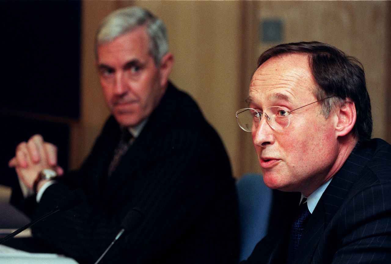 Metropolitan Police commissioner Paul Condon (left) and detective chief superintendent Jeff Rees at a press conference Scotland Yard, April 7, 1999