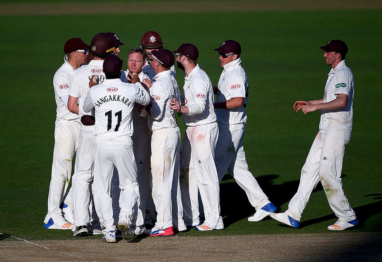 Gareth Batty and the Surrey team celebrate another wicket, Surrey v Warwickshire, Specsavers County Championship, 3rd day, The Kia Oval, April 9, 2017