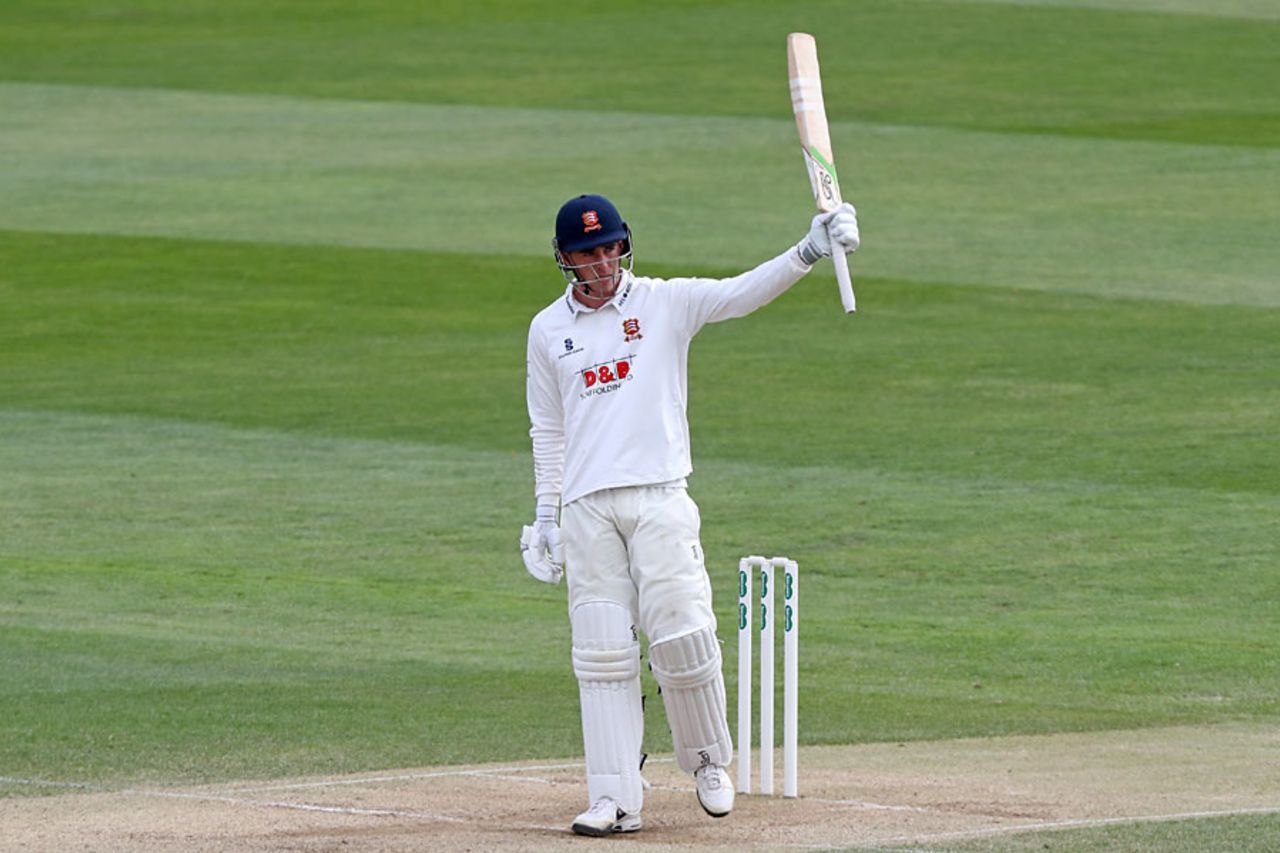 Dan Lawrence acknowledges his century, Essex v Lancashire, County Championship, 4th day, Chelmsford, April 10, 2017