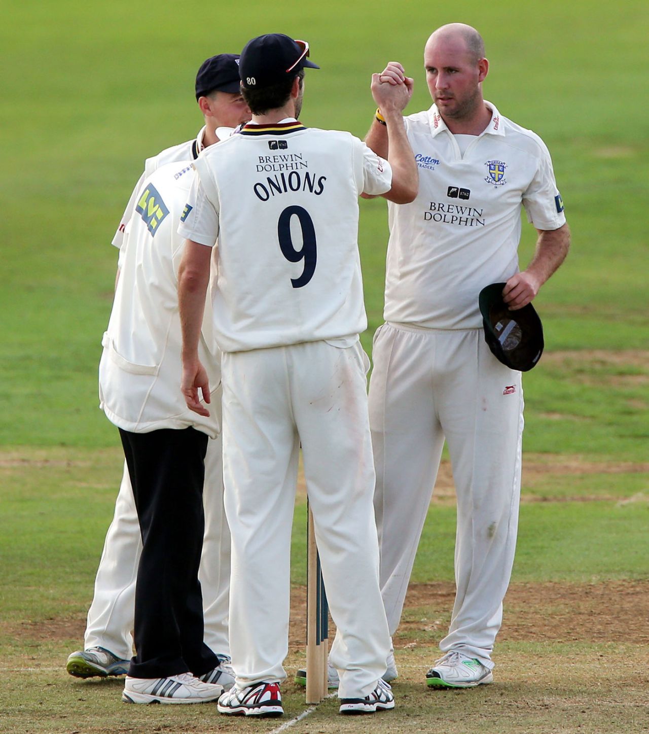 Chris Rushworth and Graham Onions celebrate, Derbyshire v Durham, day two, County Championship, Division One, Derby, September 12, 2013