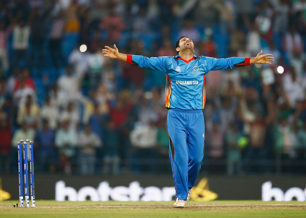 Mohammad Nabi celebrates the win, Afghanistan v West Indies, World T20 2016, Group 1, Nagpur, March 27, 2016