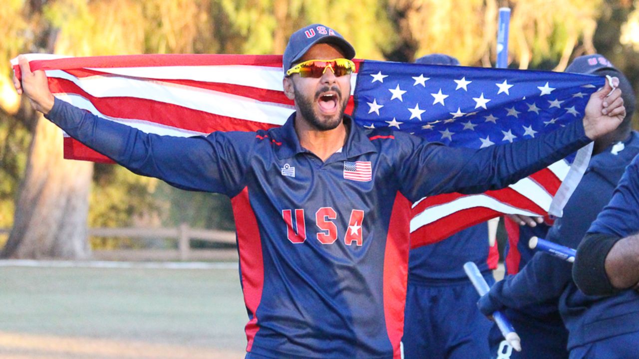 Ali Khan shouts in joy after USA win, USA v Oman, ICC World Cricket League Division Four Final, Los Angeles, November 5, 2016
