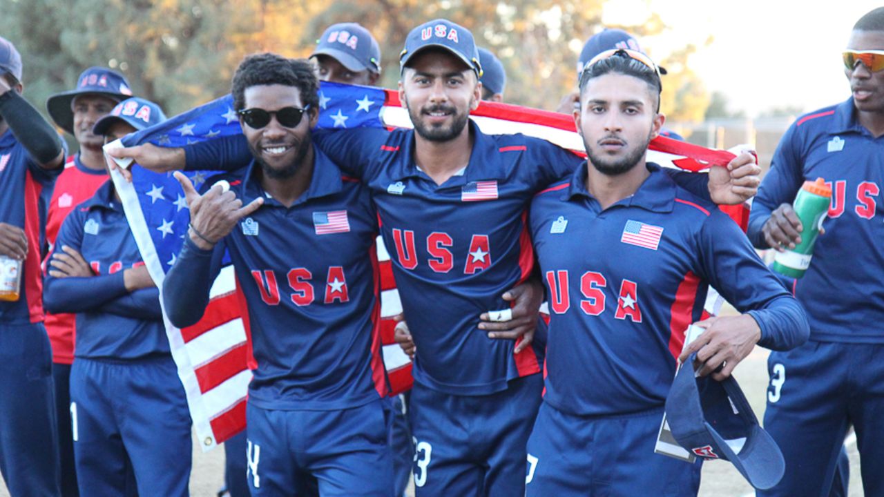 Akeem Dodson, Ali Khan and Fahad Babar celebrate during the medal ceremony, USA v Oman, ICC World Cricket League Division Four Final, Los Angeles, November 5, 2016