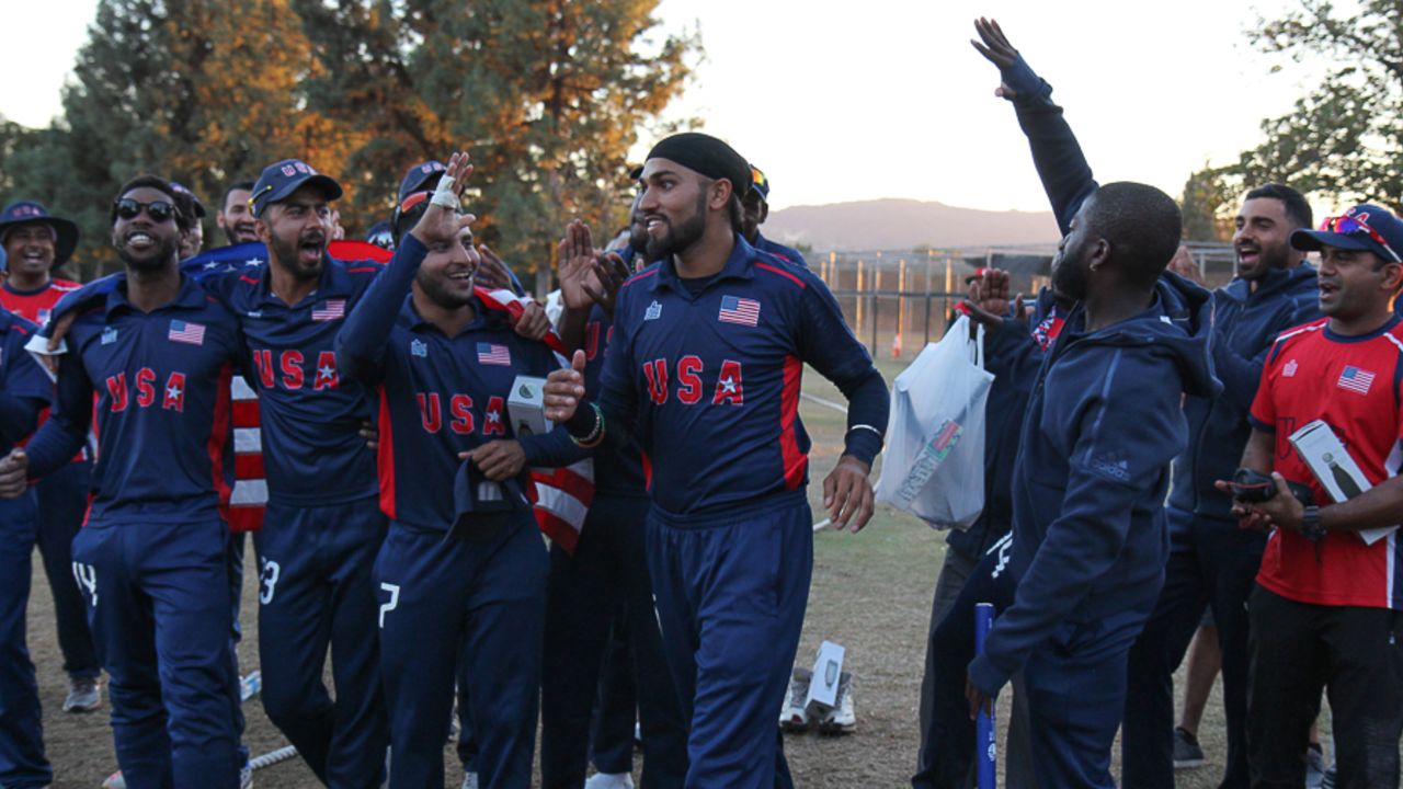 USA players roar after Jessy Singh is named Man of the Final, USA v Oman, ICC World Cricket League Division Four Final, Los Angeles, November 5, 2016