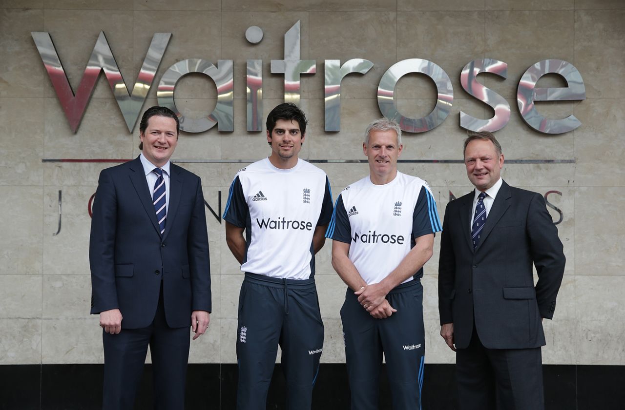 Alastair Cook, Peter Moores and Paul Downton pose with Rupert Ellwood of Waitrose during the official sponsorship launch, London, May 1, 2014