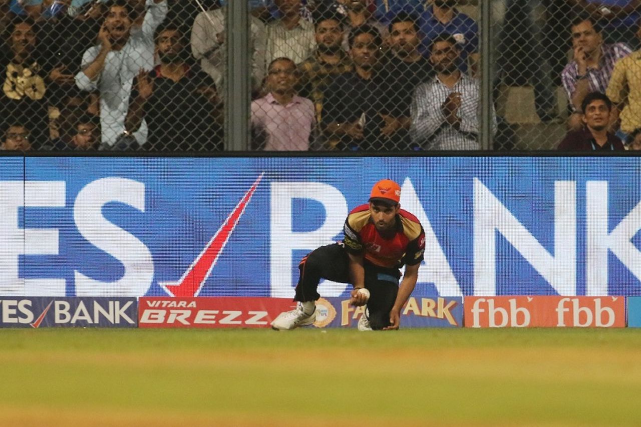 Bhuvneshwar Kumar collects himself after completing a catch, Mumbai Indians v Sunrisers Hyderabad, IPL 2017, Mumbai, April 12, 2017