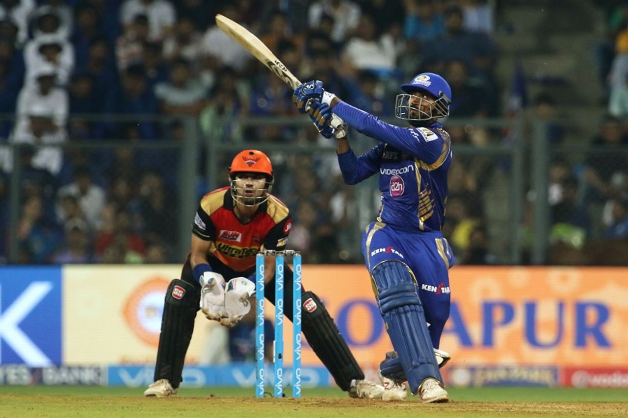 Krunal Pandya struck some lusty blows towards the end, Mumbai Indian v Sunrisers Hyderabad, IPL 2017, Mumbai, April 12, 2017