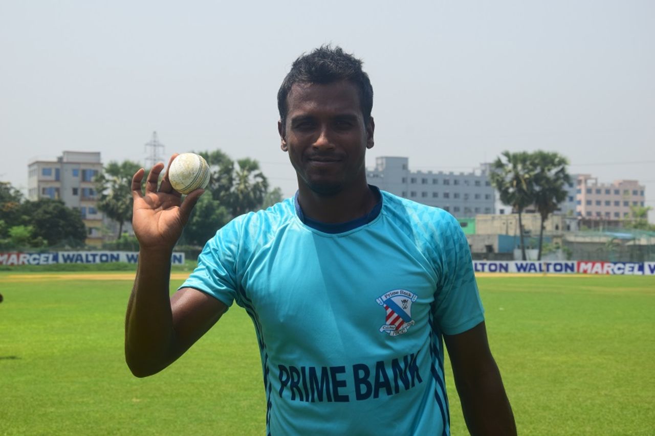 Rubel Hossain poses with the match ball after claiming his third sixth-wicket haul in List A cricket, Dhaka Premier League, Savar