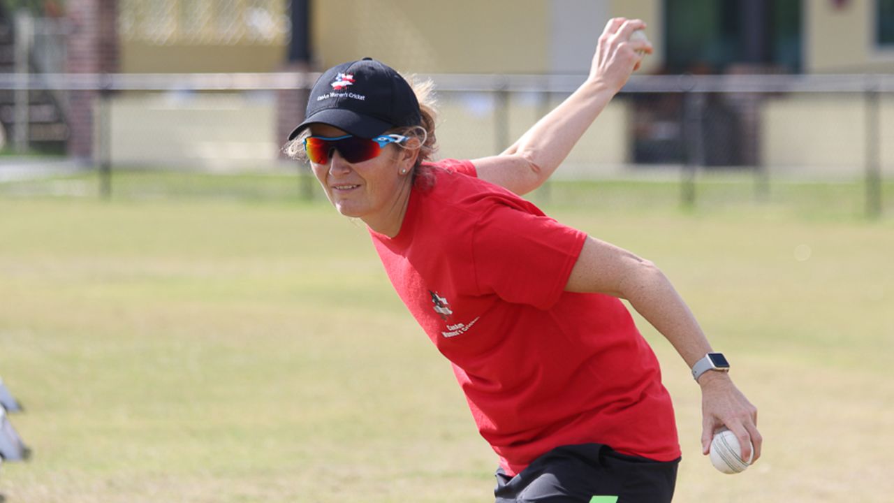 Charlotte Edwards goes through a catching drill with the USA Women, Pearland, April 9, 2017