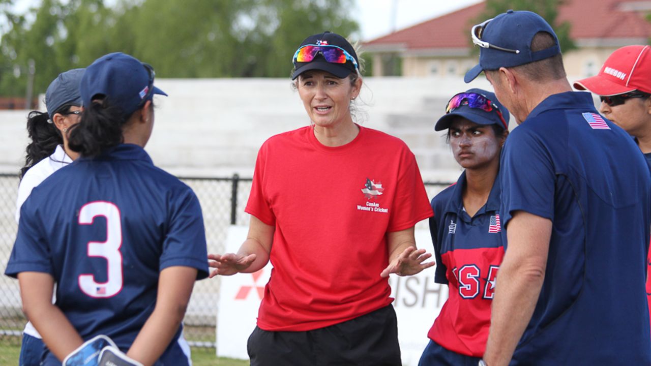 Charlotte Edwards talks to the USA Women's squad during a training camp in Texas, Pearland, April 9, 2017