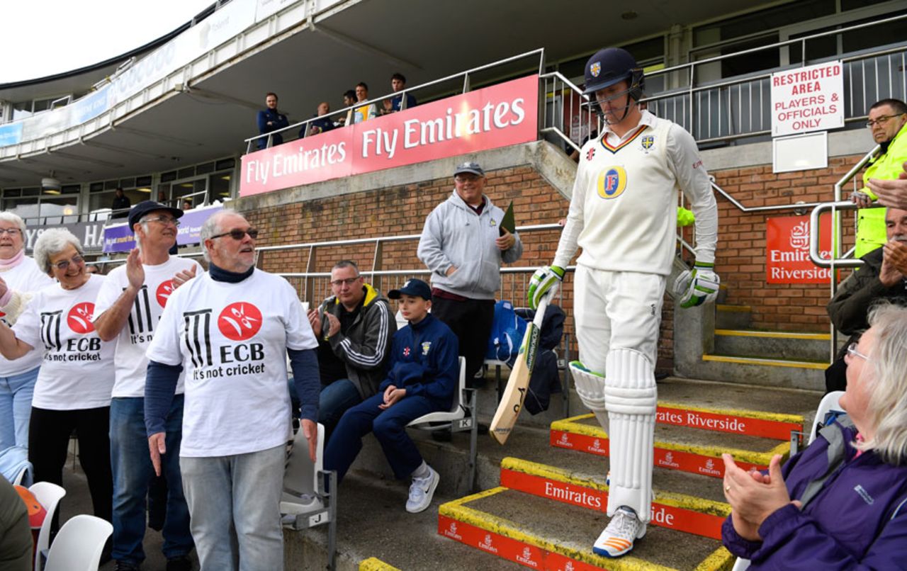 Keaton Jennings walks out to bat in the first game of the season at the Riverside, Durham v Nottinghamshire, County Championship, Division Two, Chester-le-Street, 1st day, April 14, 2017