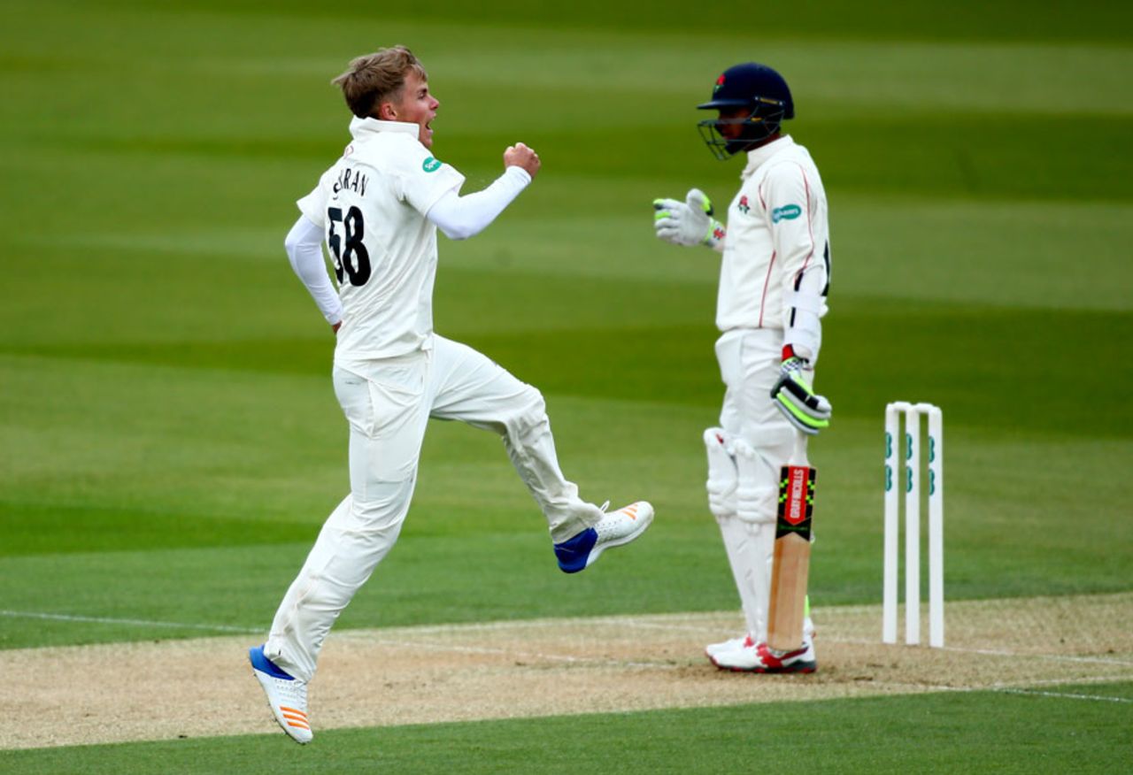 Sam Curran removed Haseeb Hameed second ball, Surrey v Lancashire, County Championship, Division One, The Oval, 1st day, April 14, 2017