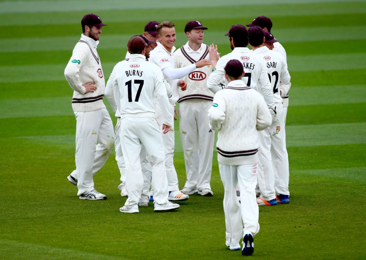 Tom Curran celebrates a wicket, Surrey v Lancashire, County Championship, Division One, The Oval, 1st day, April 14, 2017