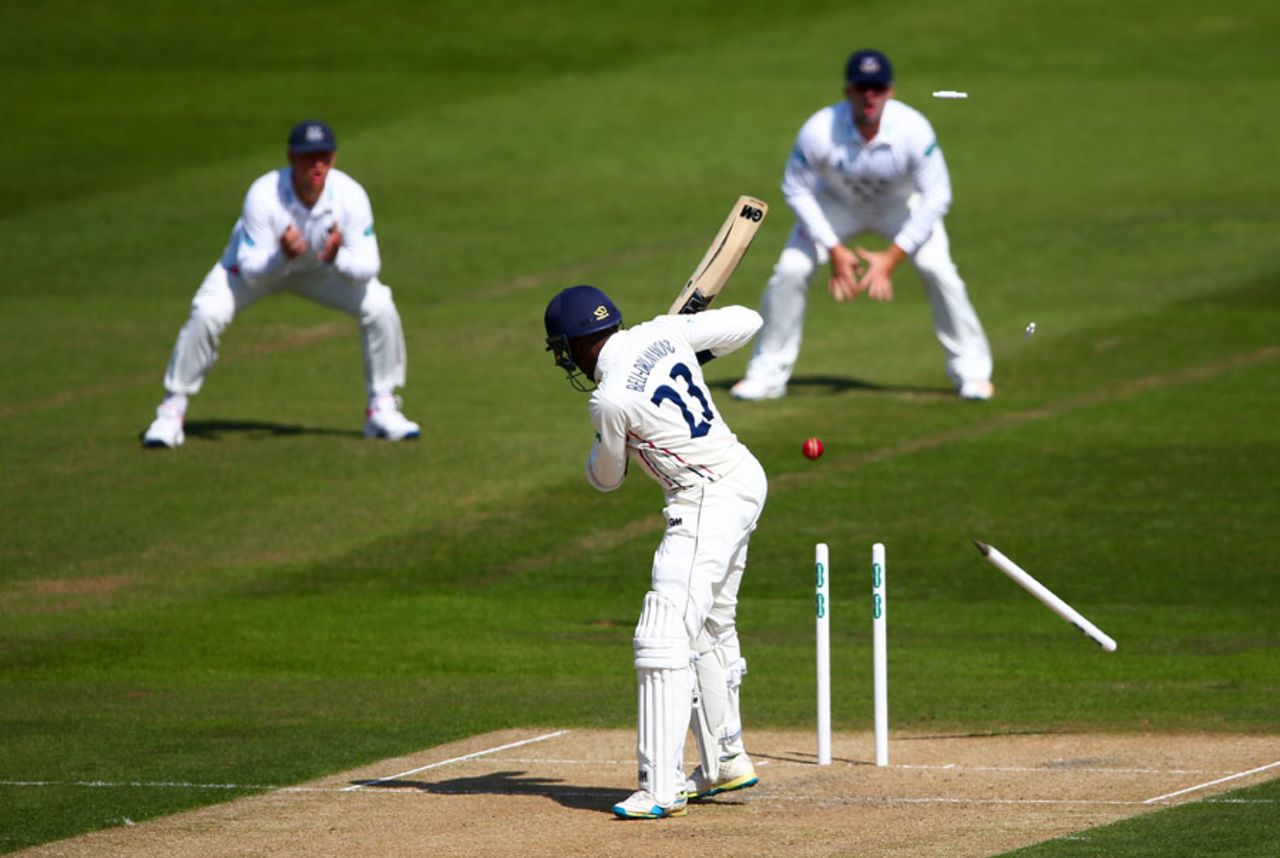 Daniel Bell-Drummond lost his middle stump attempting to leave, Sussex v Kent, County Championship, Division Two, Hove, 1st day, April 14, 2017