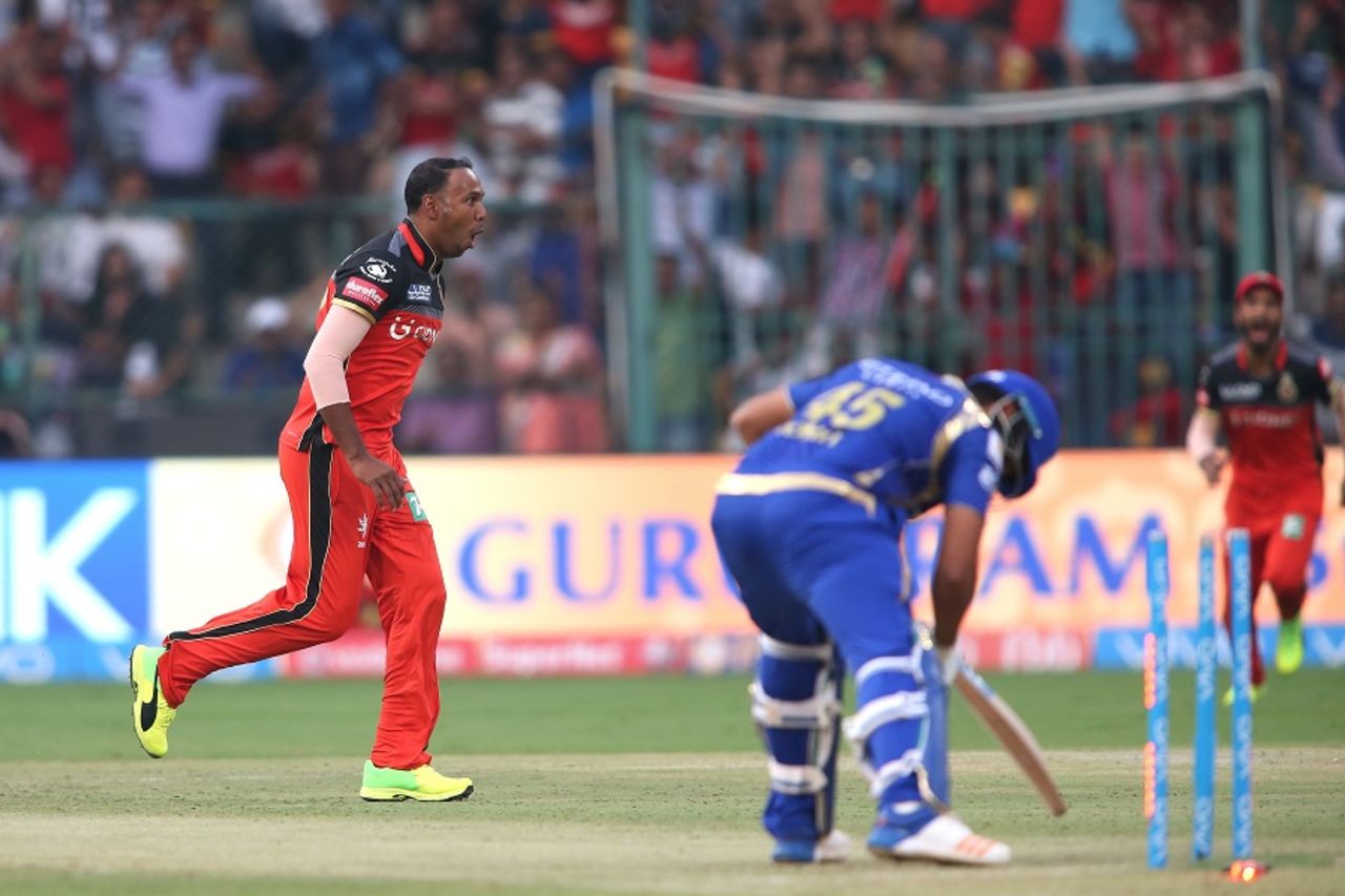 Samuel Badree cleaned up Rohit Sharma to complete a hat-trick, Royal Challengers Bangalore v Mumbai Indians, IPL 2017, Bangalore, April 14, 2017