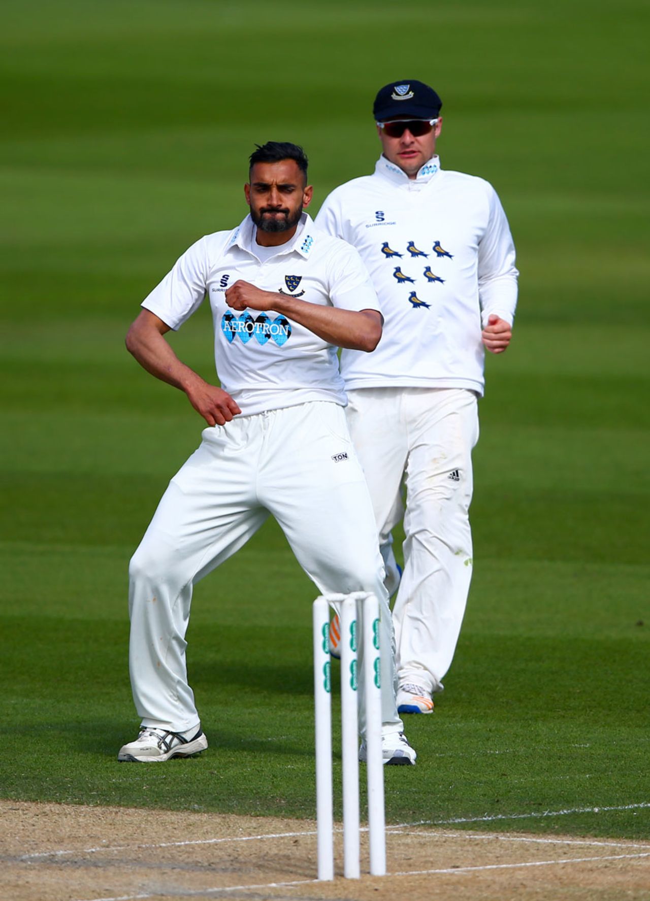 Wicket moves: Ajmal Shahzad shows off his dance skills, Sussex v Kent, County Championship, Division Two, Hove, 1st day, April 14, 2017