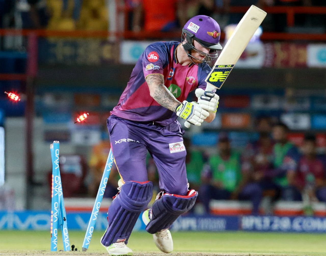Ben Stokes is deceived by a knuckle ball, Gujarat Lions v Rising Pune Supergiant, IPL, Rajkot, April 14, 2017
