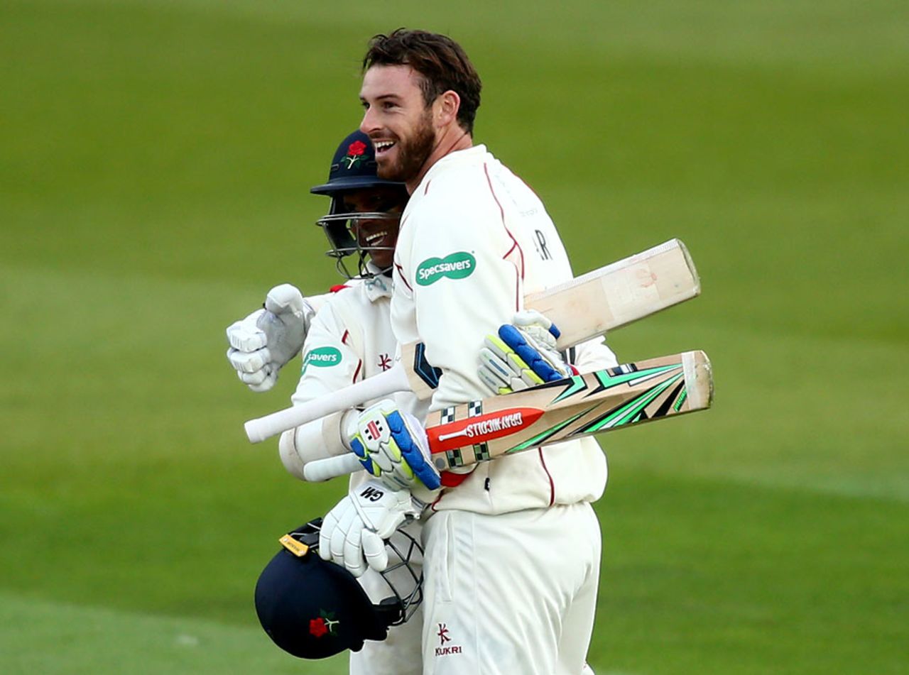 Jordan Clark celebrates his maiden first-class century, Surrey v Lancashire, County Championship, Division One, The Oval, 1st day, April 14, 2017