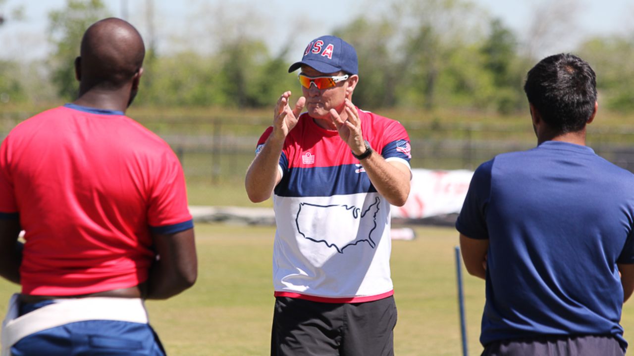 Trevor Penney goes through fielding instructions with the USA squad, Pearland, April 6, 2017