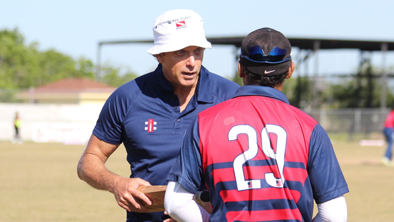 Cayman Island coach and wicketkeeping guru Peter Anderson works with Ibrahim Khaleel, Pearland, April 8, 2017