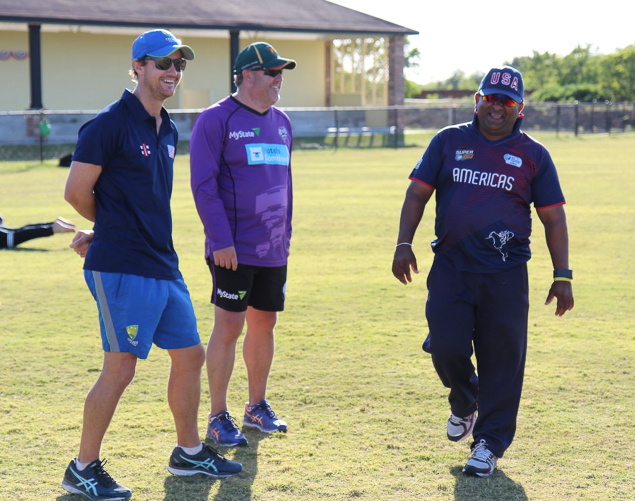 Beau Casson and Richard Allanby have a laugh with USA coach Pubudu Dassanayake, Pearland, April 8, 2017