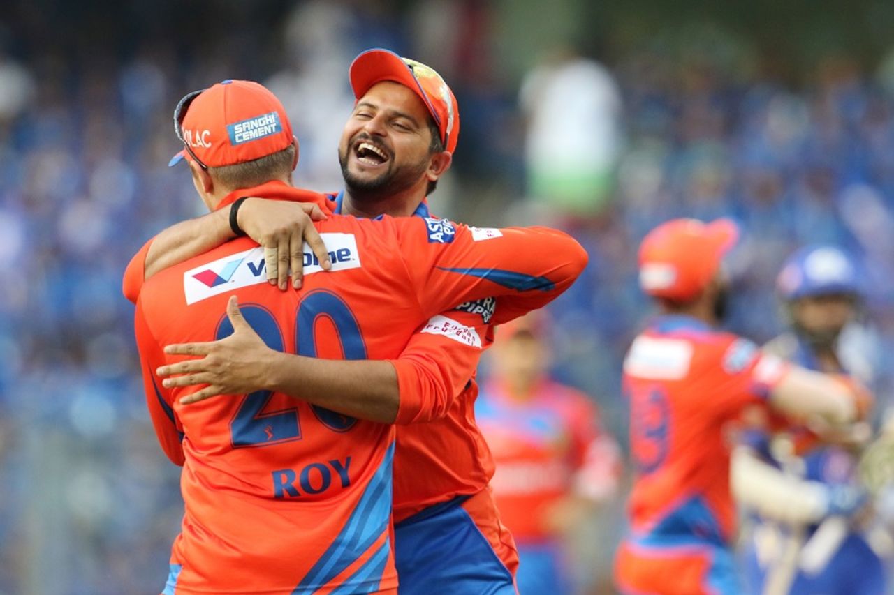 Suresh Raina and Jason Roy rejoice after dismissing Parthiv Patel, Mumbai Indians v Gujarat Lions, IPL 2017, Mumbai, April 16, 2017