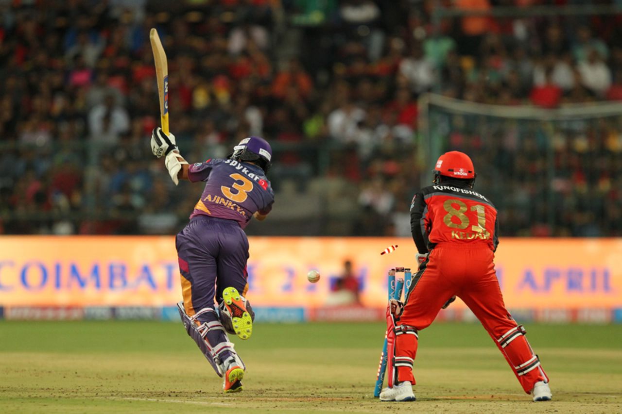 Ajinkya Rahane steps out and misses a straight one, Royal Challengers v Rising Pune, IPL 2017, Bengaluru, April 16, 2017