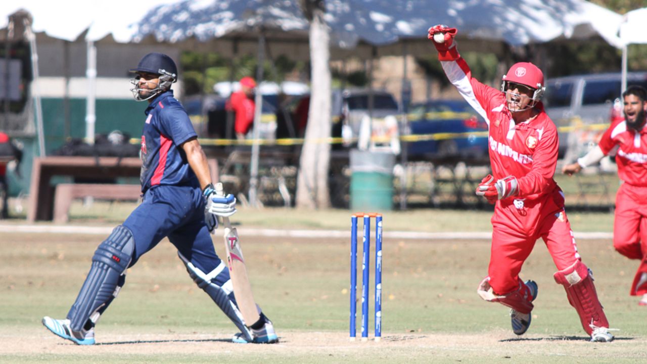 Freddie Klokker roars for a successful caught behind appeal to remove Ravi Timbawala, USA v Denmark, ICC World Cricket League Division Four, Los Angeles, November 2, 2016