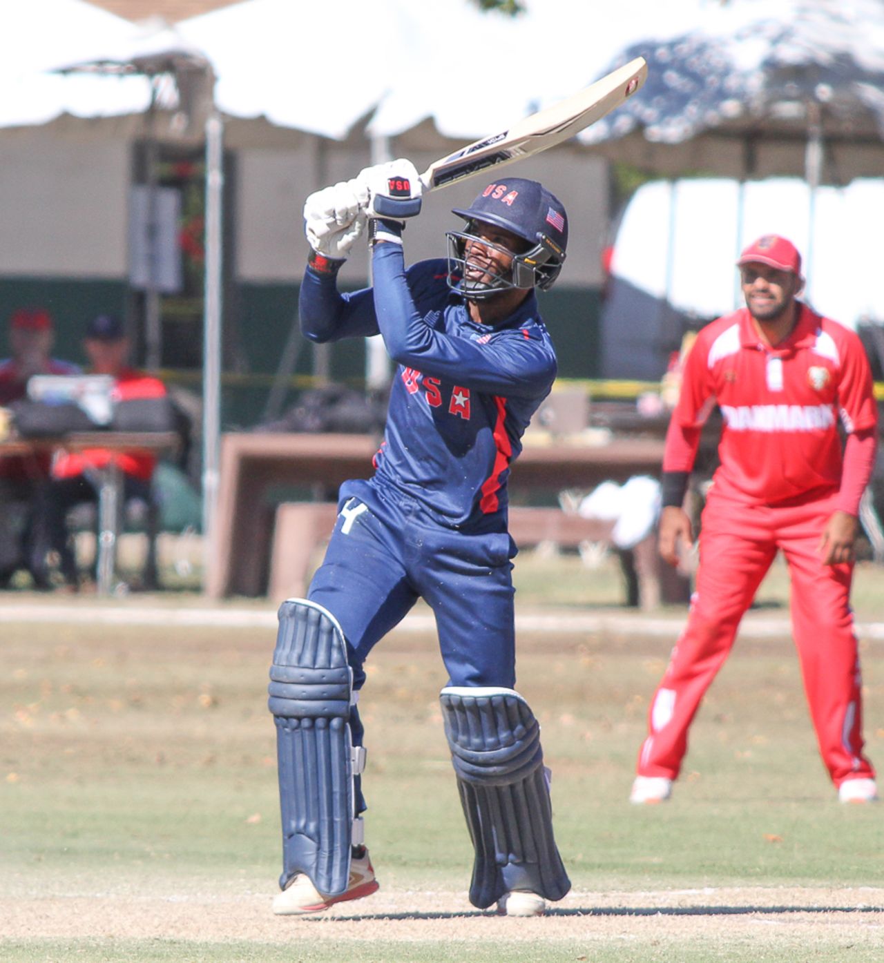 Akeem Dodson drives down the ground for a straight six, USA v Denmark, ICC World Cricket League Division Four, Los Angeles, November 2, 2016