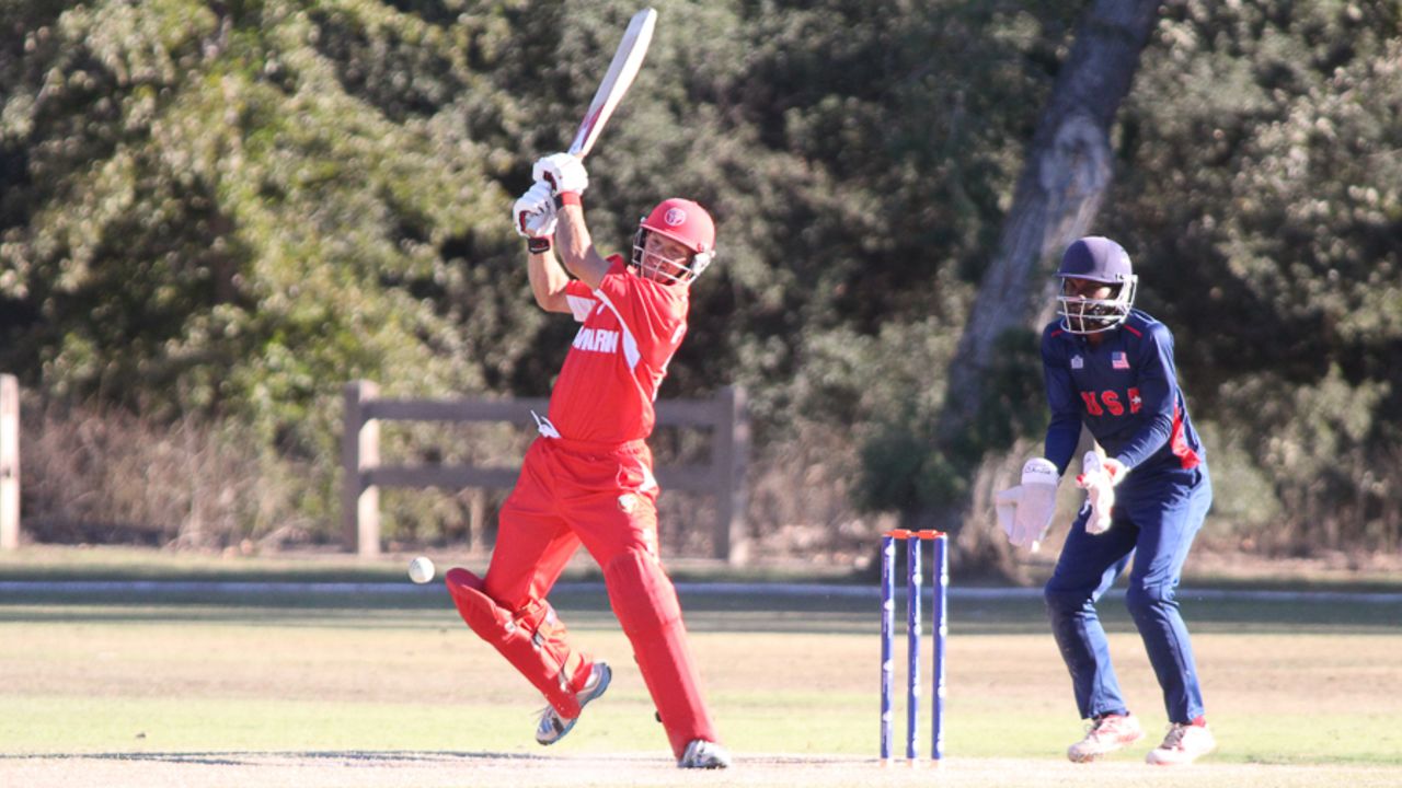 Freddie Klokker punches the ball in front of point, USA v Denmark, ICC World Cricket League Division Four, Los Angeles, November 2, 2016