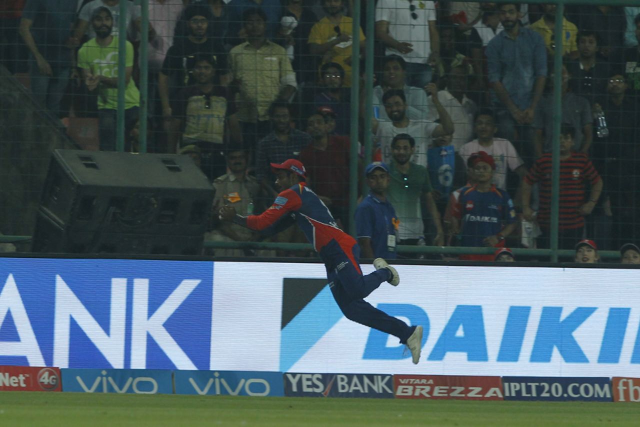 Sanju Samson flicked the ball back in play after catching it mid-air with a full-length dive, Kolkata Knight Riders v Delhi Daredevils, IPL 2017, Delhi, April 17, 2017