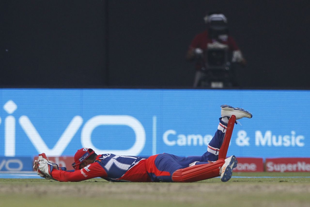 Rishabh Pant lay prostrate after snaffling a stunner, Kolkata Knight Riders v Delhi Daredevils, IPL 2017, Delhi, April 17, 2017