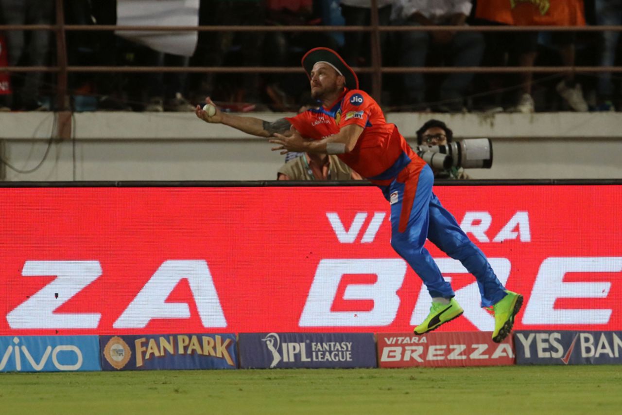 Brendon McCullum nearly pulled off a stunner at the long-off boundary, Royal Challengers Bangalore v Gujarat Lions, Rajkot, IPL 2017, April 18, 2017