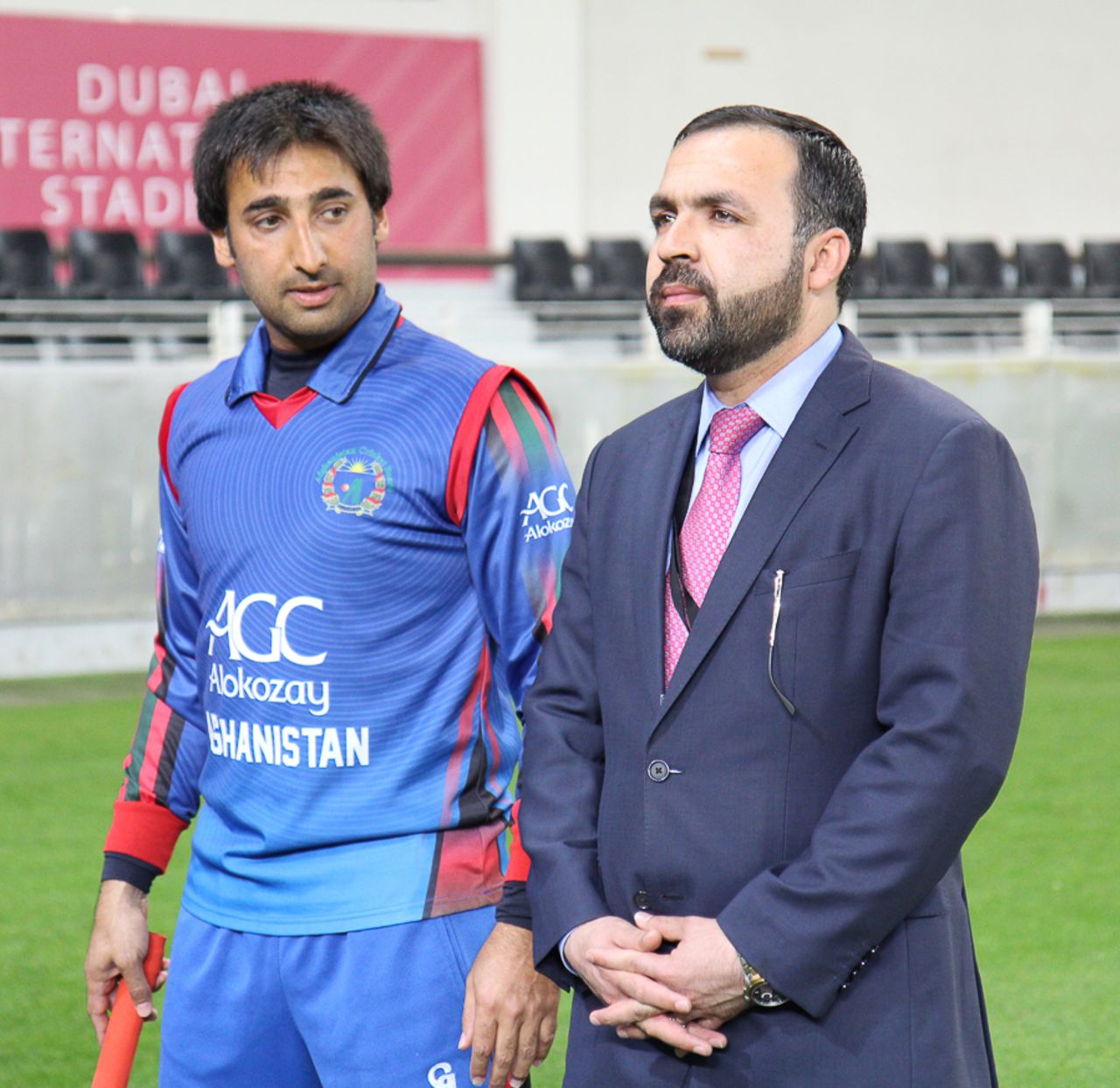 Afghanistan Cricket Board chairman Atif Mashal stands with captain Asghar Stanikzai ahead of the ceremony for Nawroz Mangal, Afghanistan v Ireland, Desert T20, Final, Dubai, January 20, 2017