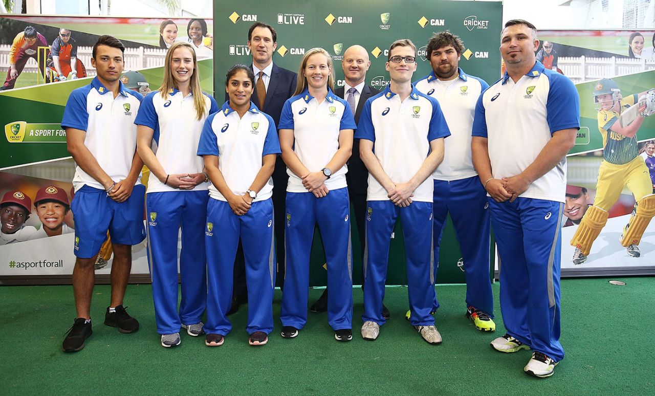 James Sutherland, Cricket Australia's CEO, and Ian Narev,  CEO of Commonwealth Bank, pose with Ellyse Perry, Meg Lanning and Lisa Sthalekar and the captains of Australia's three National Disability teams, Gavan Hicks (ID), Lindsay Heaven (Blind) and Kym Daley (Deaf), Sydney, October 17, 2016