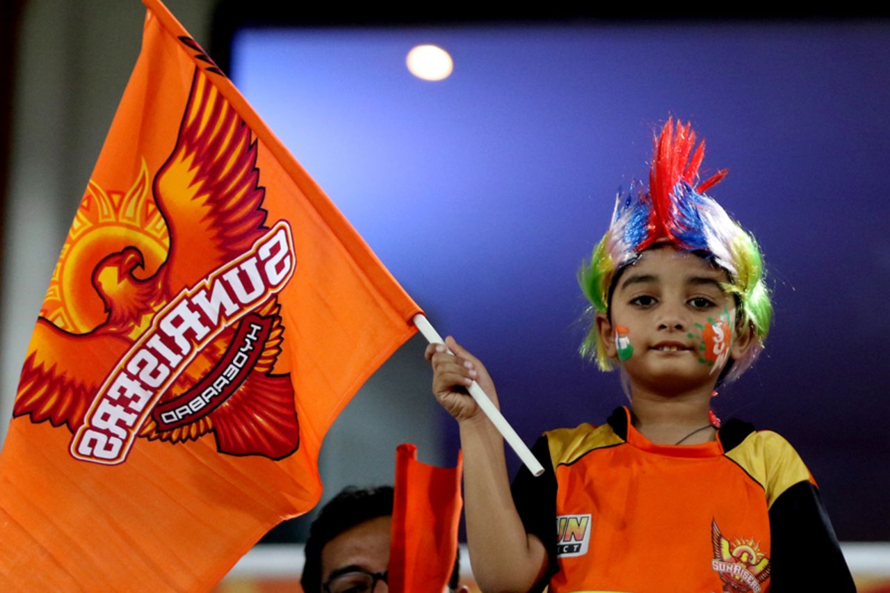 A young fan waves the Sunrisers Hyderabad flag ahead of the start of play, Sunrisers Hyderabad v Delhi Daredevils, IPL 2017, Hyderabad, April 19, 2017
