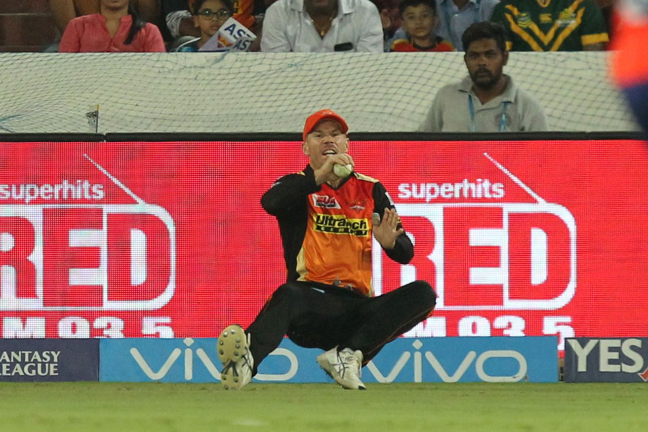 David Warner hurt himself on the rib cage while catching Rishabh Pant at long-on, Sunrisers Hyderabad v Delhi Daredevils, IPL 2017, Hyderabad, April 19, 2017