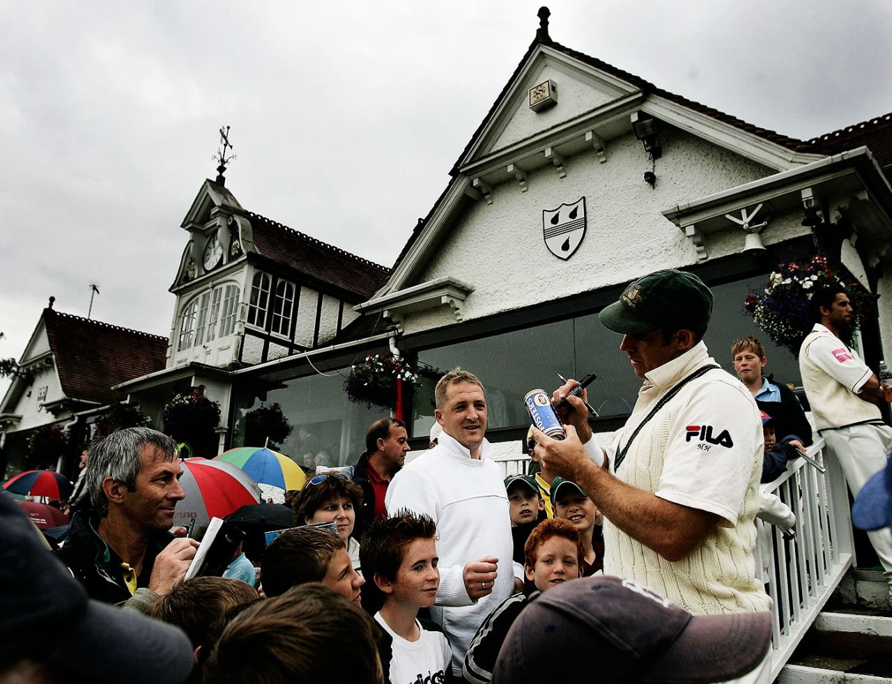 Matthew Hayden signs a beer can, Worcestershire v Australians, Worcester, 1st day, July 30, 2005