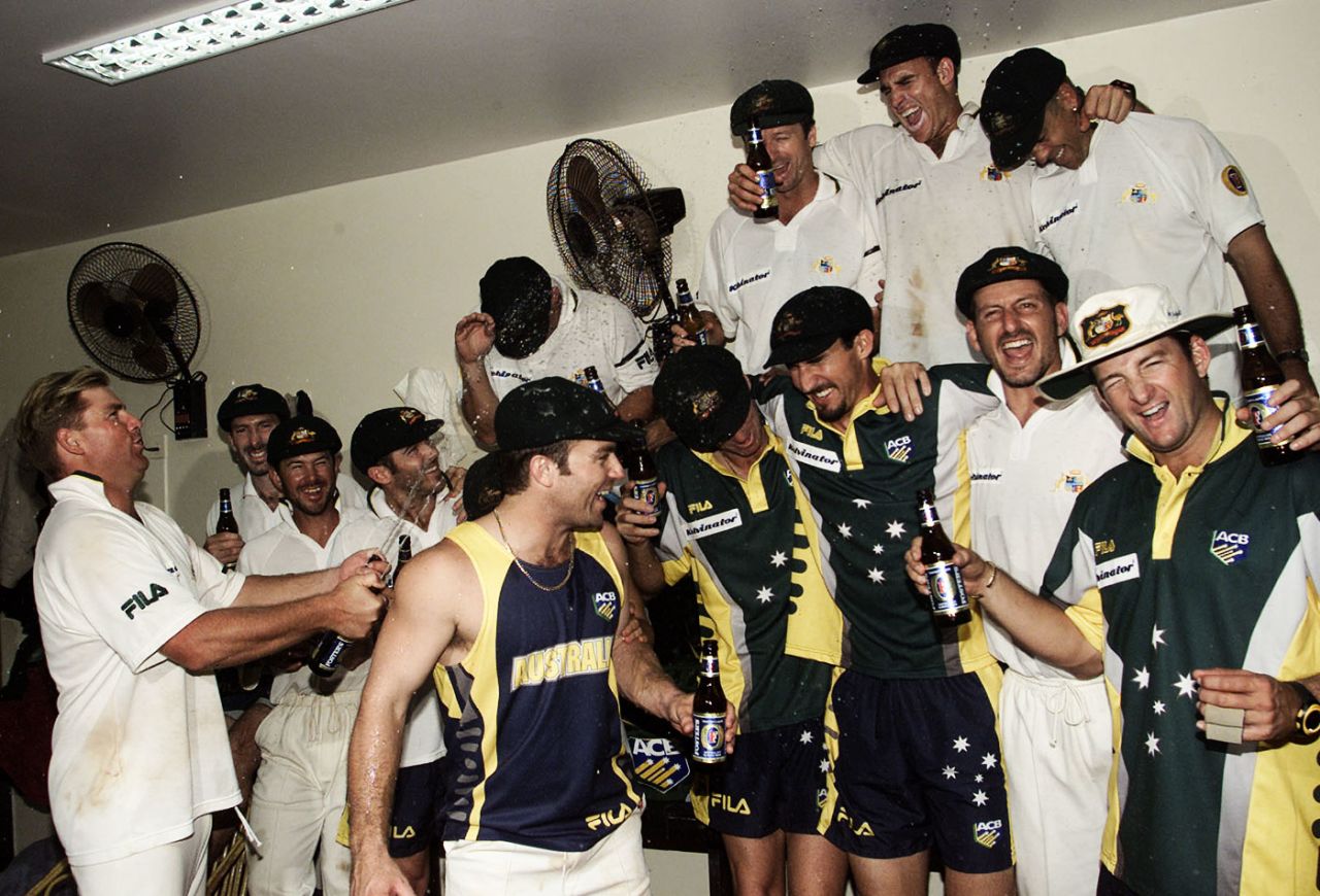 Australia celebrate their win with beers, India v Australia, first Test, Mumbai, 1 March, 2001