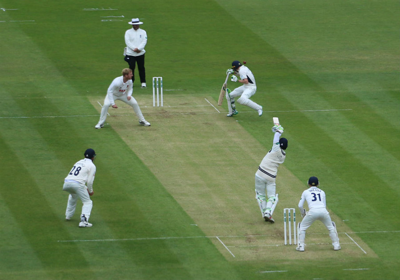 Middlesex's Nick Gubbins had a near-miss as his team-mate Sam Robson drilled a drive back past his head, Middlesex v Essex, Specsavers County Championship, Lord's, 1st day