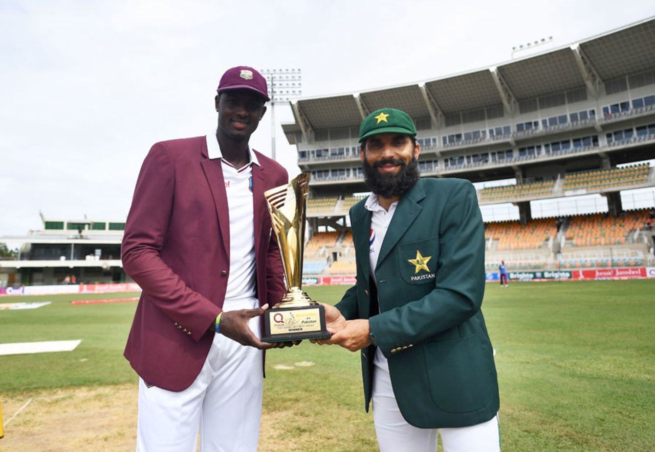 Jason Holder and Misbah-ul-Haq pose with the series trophy, West Indies v Pakistan, 1st Test, Jamaica, 1st day, April 21, 2017