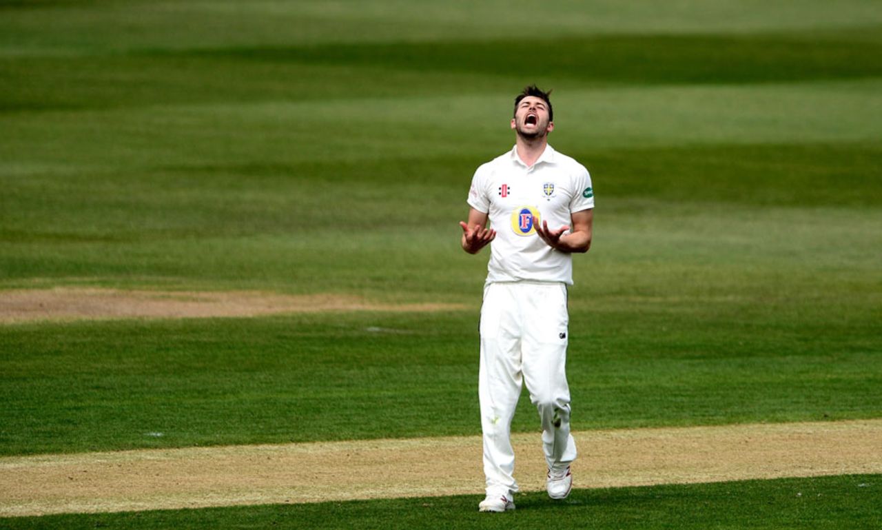 Mark Wood shows his frustration during a wicketless spell, Gloucestershire v Durham, County Championship, Division Two, Bristol, 1st day, April 21, 2017