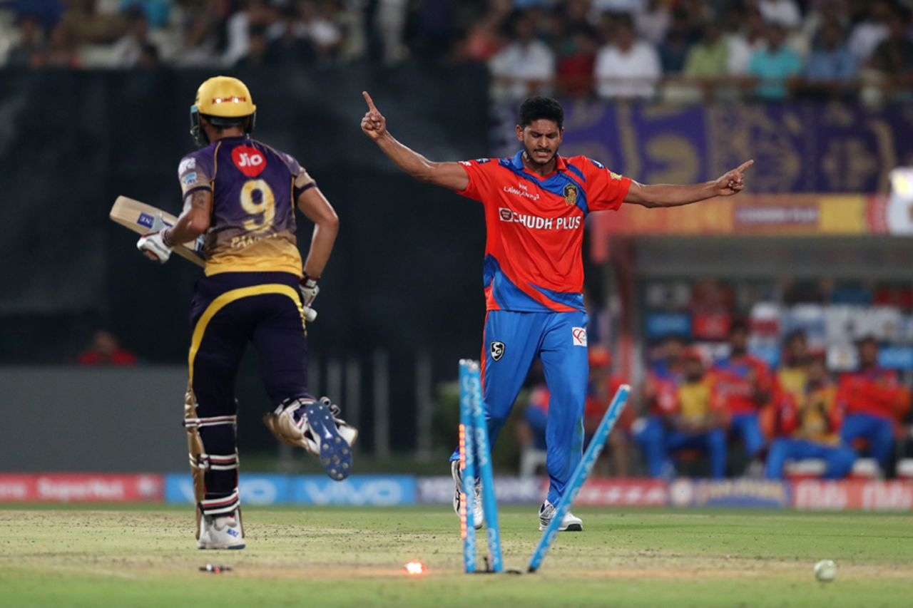 Basil Thampi took out the off stump of Manish Pandey with a deflection off the pads, Kolkata Knight Riders v Gujarat Lions, IPL 2017, Kolkata, April 21, 2017