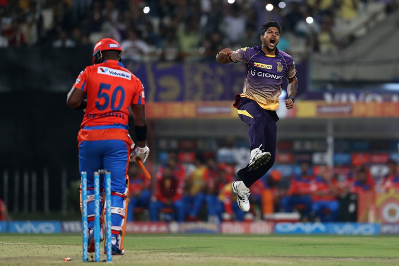 Umesh Yadav rejoices after bowling Dwayne Smith, Kolkata Knight Riders v Gujarat Lions, IPL 2017, Kolkata, April 21, 2017