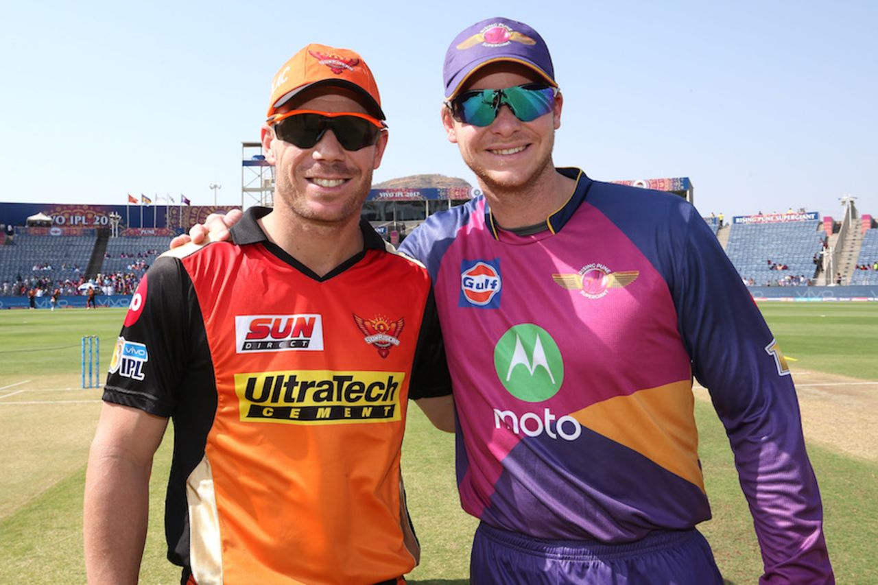 Steven Smith and David Warner, the Australia captain and vice-captain, leading opposing IPL sides, Rising Pune Supergiant v Sunrisers Hyderabad, IPL 2017, Pune, April 22, 2017