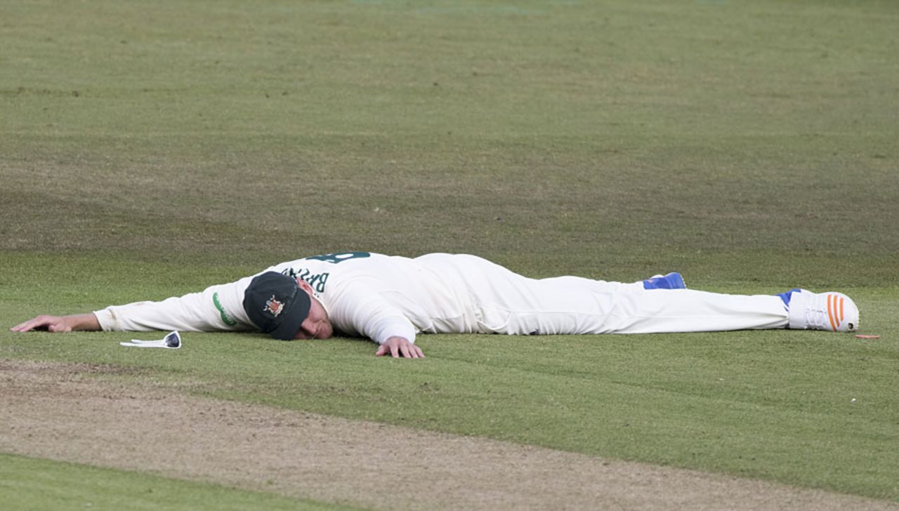 Flat out: Stuart Broad after missing a catch, Nottinghamshire v Sussex, County Championship, Division Two, Trent Bridge, 2nd day, April 22, 2017
