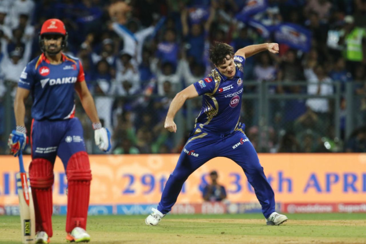 Mitchell McClenaghan with his  nerve-popping celebration after ratting Daredevils' top order. Mumbai Indians v Delhi Daredevils, IPL, Mumbai, April 22, 2017 